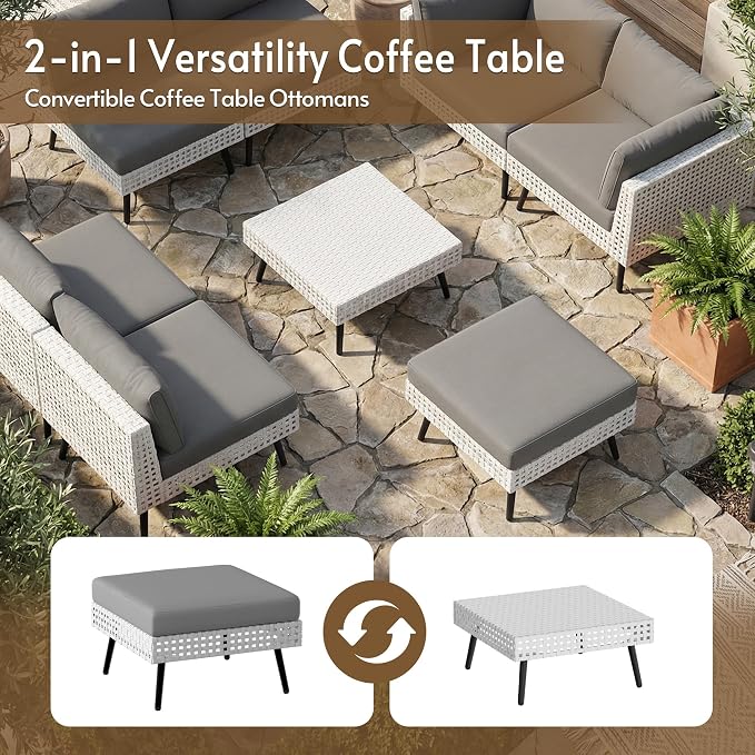 8 Piece Patio Furniture Sets, Modular Patio Sectional Conversation Sets with Upgraded Cationic Fabric Cushions & Outdoor All-Weather Handwoven Open Weave Wicker for Garden, Poolside, Backyard