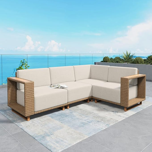 SUNSHINE VALLEY L Shaped Patio Furniture, Outdoor Sectional Sofa with 10''Ultra-Thick Cushions, Yellow Rattan Wicker Patio Conversation Set, Low Profile Lawn Garden Backyard Furniture
