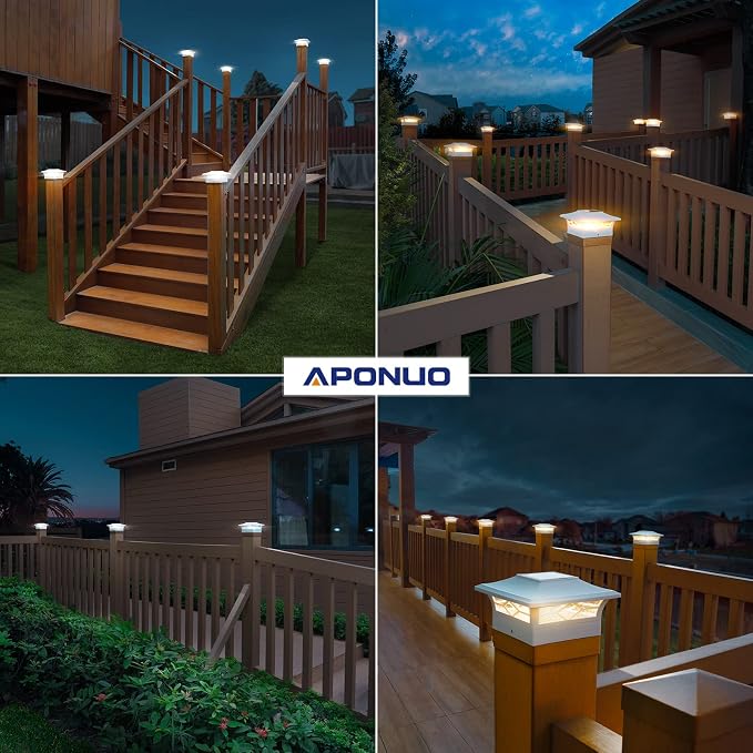 APONUO Solar Post Cap Lights,8 Pack 2-Modes Bright 4x4 Post Solar Lights Auto On Off,Outdoor Waterproof Garden Patio Fence Deck Patio Decor for Fence Deck Post Caps 4x4 6x6 Wood,4x4 Vinyl