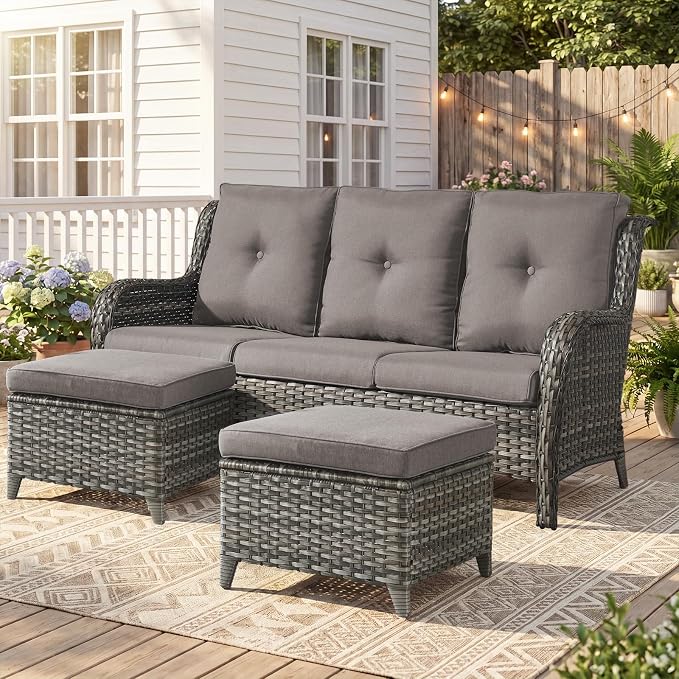 Belord 3-Piece PE Wicker Outdoor Sofa with 2 Ottomans, Luxury Patio Couch Convertible to Chaise Lounge, All-Weather High Back Deep Seat Woven Furniture for Deck, Porch - Grey/Grey