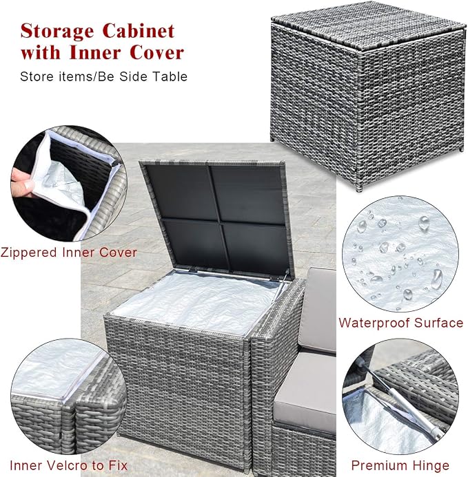 Tangkula 8 Pieces Wicker Patio Furniture Set with Storage Deck Box, PE Rattan Outdoor Sectional Sofa Conversation Set with Coffee Table & Cushions, Outside Furniture for Garden Yard Poolside (Red)