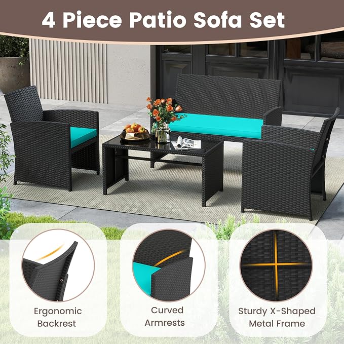 HAPPYGRILL 4 Piece Rattan Wicker Patio Conversation Set, Outdoor Furniture with Chair Loveseat Table & Cushion, for Backyard Porch Balcony (2, Black & Turquoise)