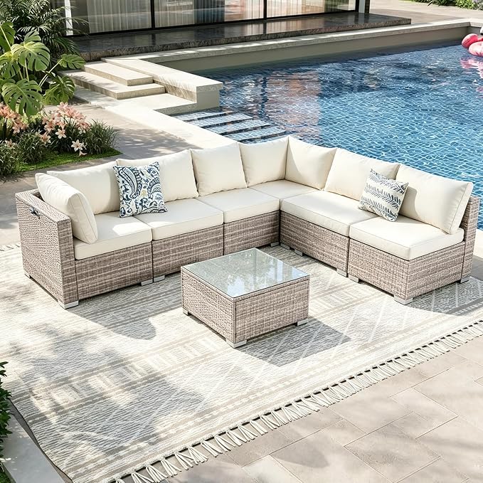 7 Piece Patio Furniture Sets, Rattan Conversation Sectional Set with Glass Table Outdoor Patio Sofa with Thick, Washable Cushions, for the Backyard, Poolside, Garden (Gray-Beige)