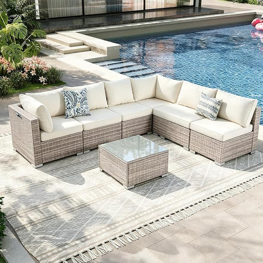 7 Piece Patio Furniture Sets, Rattan Conversation Sectional Set with Glass Table Outdoor Patio Sofa with Thick, Washable Cushions, for the Backyard, Poolside, Garden (Gray-Beige)
