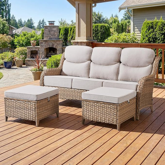 3 Pieces Patio Sofa Set with 6" Thick Cushions, High Back Wicker Outdoor Sofa with Ottomans, Outdoor Seating Furniture High Back Conversation Set for Balcony Deck Porch Backyard, Yellow/Beige
