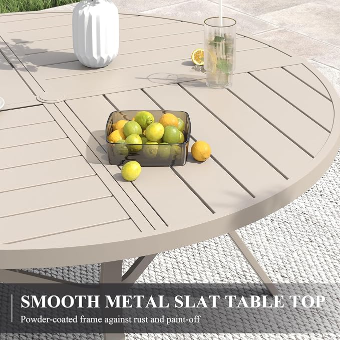 VICLLAX 53" Round Patio Table with Umbrella Hole, All Weather Metal Outdoor Dining Table for 6-8, Outside Table for Lawn Garden, Sandshell Color