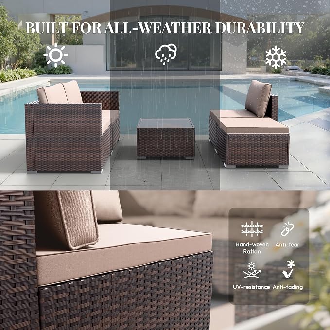 WWR Patio Furniture Set 5 Piece - Wide Armrests - All-Weather Wicker Rattan Outdoor Conversation Couch Sets, Modular Sectional Sofa for Garden, Patio, Poolside, Backyard, Balcony, Porch