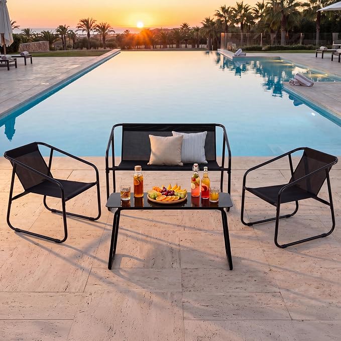 DUMOS 4 Piece Patio Furniture Set，Outdoor Patio Furniture Set with Table, patios Table and Chairs Sets, Sectional Bistro Sets for Lawn, Garden, Balcony, Pool, Poolside