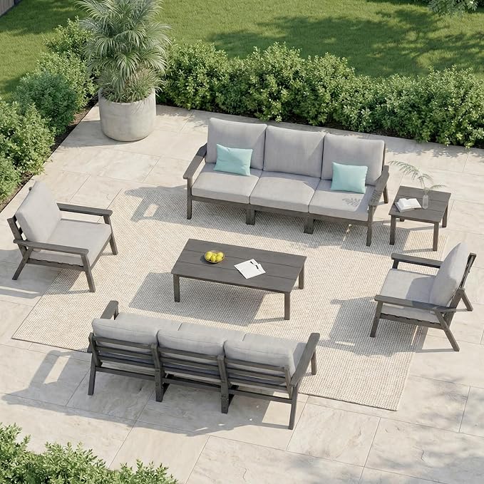 LOUNZY HDPE Patio Furniture Set,10 Pieces Sectional Outdoor Furniture Set, All Weather Outdoor Couch Set Patio Conversation Set for Deck, Lawn, Grey