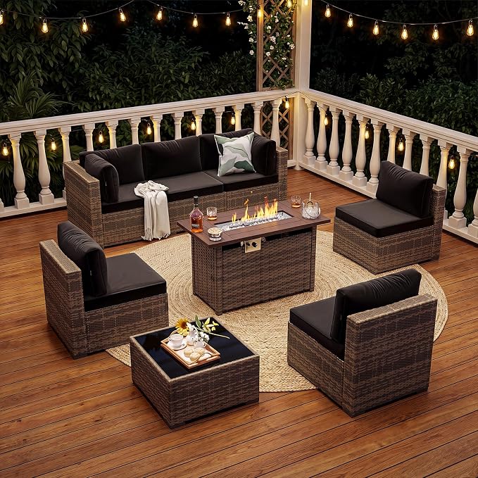 LazySunsets 8-Piece Patio Furniture Set with 44" Fire Pit Table, Wicker Rattan Outdoor Furniture, Patio Conversation Sets with Coffee Table, Outdoor Sectional Couch, Yellow Black