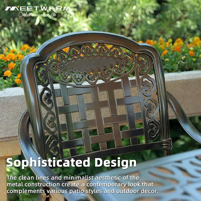 MEETWARM 5-Piece Outdoor Patio Dining Set, All-Weather Cast Aluminum Patio Conversation Set with 4 Cushions Swivel Rocker Chairs for Backyard Garden Deck and 38.5" Round Table, 2.2" Umbrella Hole