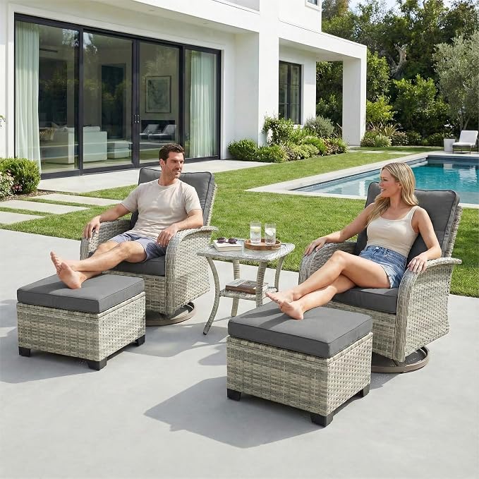 5-Piece Small Patio Furniture Set, Outdoor Swivel Rocking Chairs Set with Ottomans, Patio Bistro Set for Balcony, Deck, Porch, Grey