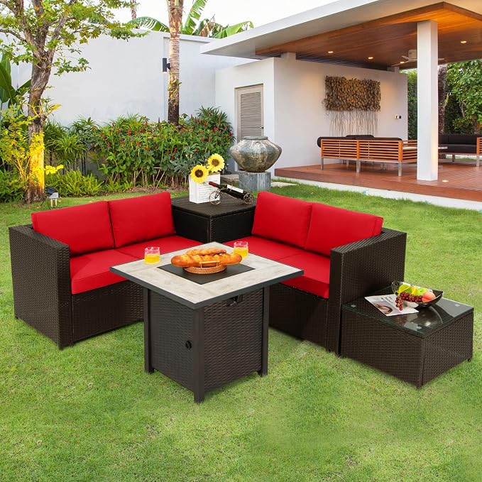 COSTWAY 5 Piece Patio Furniture Set with 30'' Fire Pit Table, Outdoor Wicker Rattan Loveseat Sofa with 4'' Thickened Cushions, 2 Side Tables, Sectional Conversation Set for Backyard (Red)