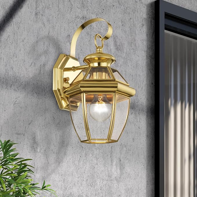 Livex Lighting 2051-02 Monterey 1-Light Wall Lantern, Polished Brass | Clear Beveled Glass; Solid brass construction