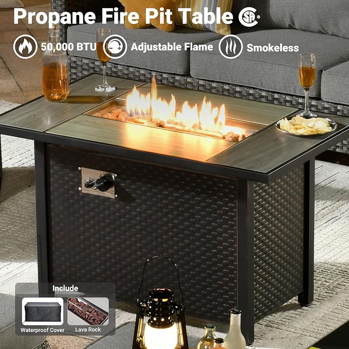 ovios 6 Pieces Patio Furniture Set with Fire Pit Table, Outdoor Wicker 3-Seat Sofa with Comfy Cushion, High Back Rattan Conversation Set for Deck Porch, Dark Grey