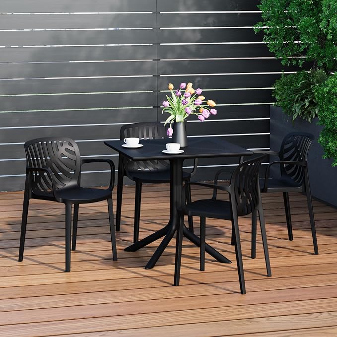 Costaelm Patio Dining Table for 4, Square PP Patio Table, 4-Person Weather Resistant Porch Tables for Outside Poolside Deck Lawn Garden Backyard, Black