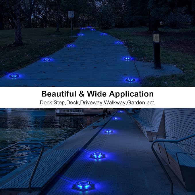Solar Dock Lights Driveway Deck Lights - 8 Packs Waterproof 1200mAh Outdoor LED Aluminum Dock Lighting Warning Step Light for Driveway Sidewalk Garden Pathway Yard (Blue)