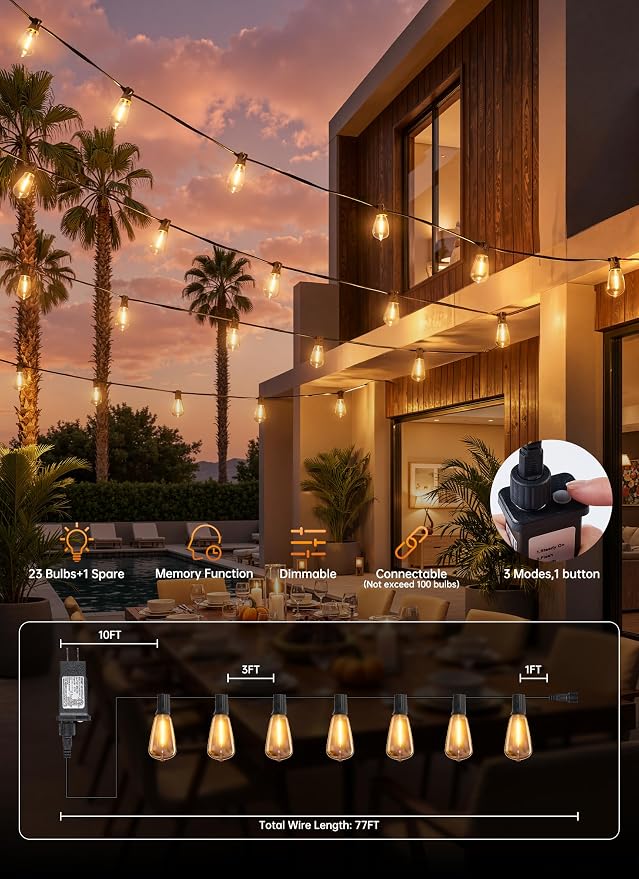 Minetom 77FT Outdoor String Lights with Remote, ST38 Patio Lights Dimmable | Waterproof LED Christmas Lights with 3 Modes, Shatterproof Connectable Outside Lights for Backyard Porch Deck Garden Decor