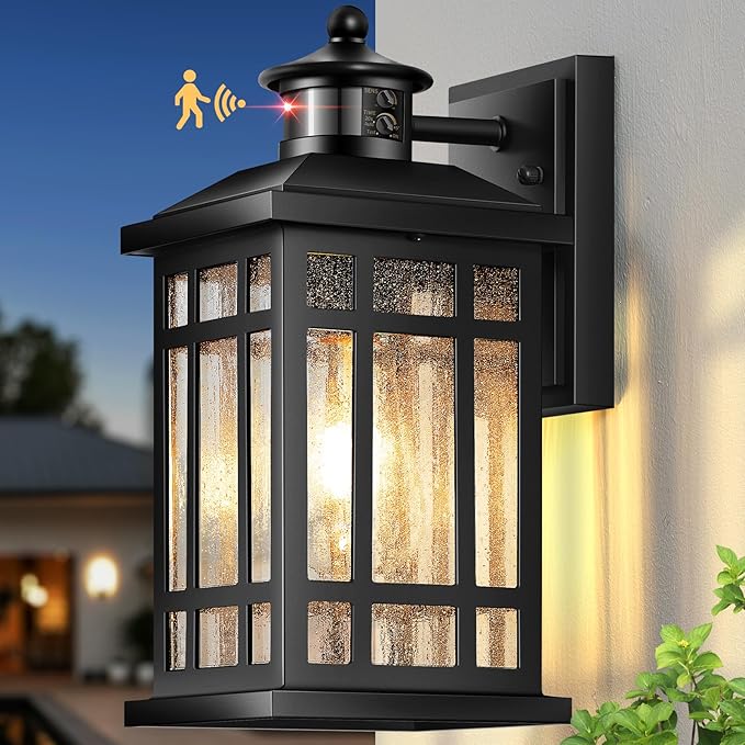 Motion Sensor Outdoor Wall Light, Adjustable Sensing Range Outside Lights for House, Black Dawn to Dusk Sconce Lights for Patio, Anti-Rust Waterproof Porch Lantern Wall Mount with Bubble Glass