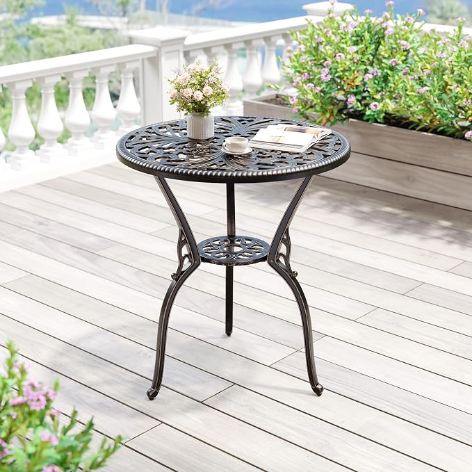 23" Round Cast Aluminum Patio Bistro Table, Outdoor Coffee Bistro Side Table with Umbrella Hole, Antique Design Dining Desk for Backyard, Garden, Porch, Pool, Balcony, Bronze