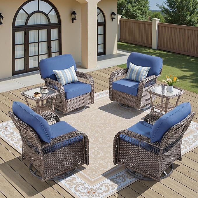 6 Pieces Outdoor Patio Conversation Sets Swivel Chairs, Wicker Swivel Rocker Patio Chairs Set of 4 with Rattan Side Tables, Wicker Outdoor Furniture for Deck Porch Garden Backyard, Blue