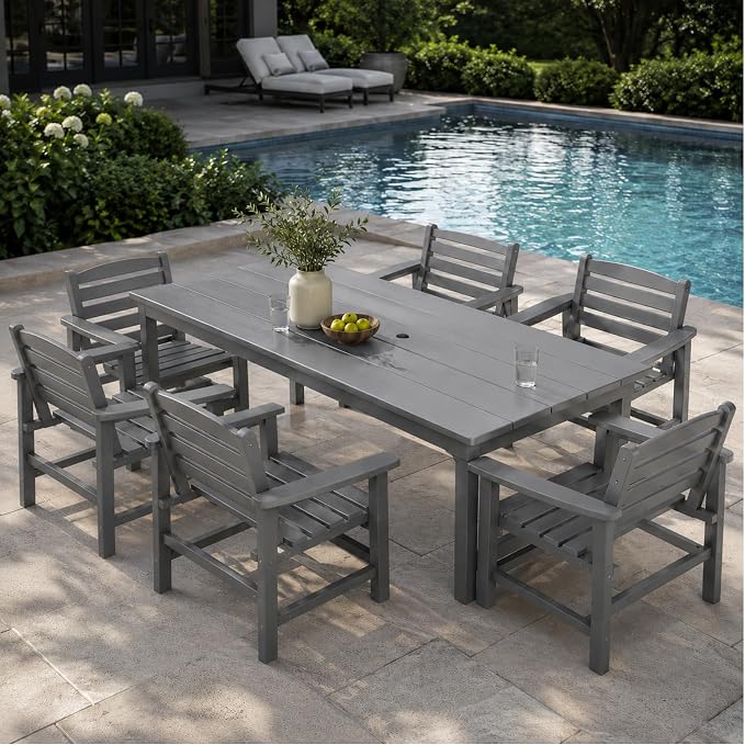 7-Piece Two-Tone Gray Patio Dining Table Sets, All-Weather HDPE Outdoor Furniture Set with Umbrella Hole, Light Gray Rectangular Table and 6 Dark Gray Chairs for Backyard Deck Garden
