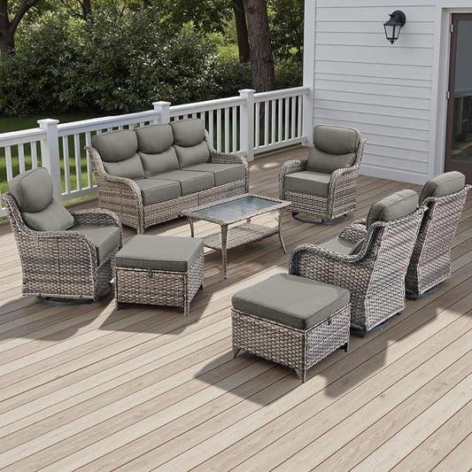 Rilyson Wicker Outdoor Patio Furniture Set - 8 Piece Patio Conversation Sets with Swivel Rocker Chairs, Ottomans, Sofa and Table, 6 inch Cushions, Deep Seating, for Porch Deck Mixed Grey/Grey