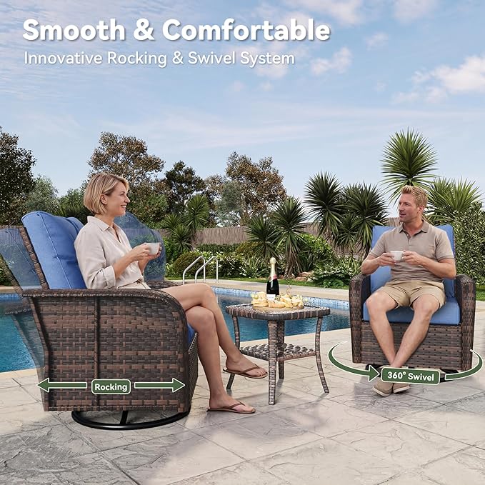 Aoxun 7-Piece Patio Furniture Set with 44” Fire Pit Table, Wicker Rattan Outdoor Sectional Sofa with High Back Swivel Rocker Chairs, Outdoor Patio Furniture Set with Thick Cushions & Ottoman, Blue