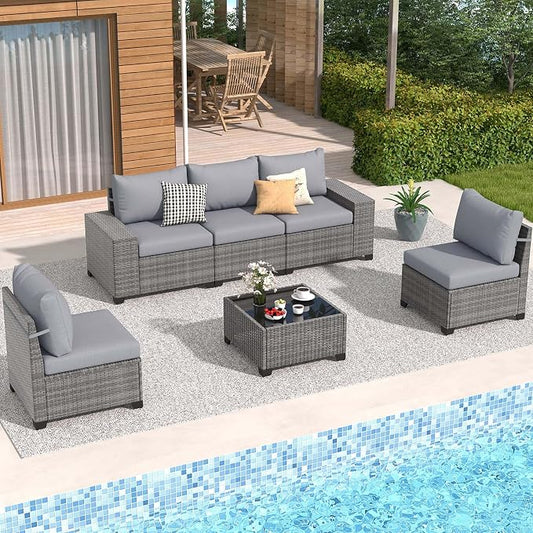 JOIVI 6 Pieces Outdoor Patio Furniture Set, Rattan Patio Conversation Set with Coffee Table, L-Shaped Wicker Outdoor Sectional Sofa Set with Wide Armrest and Cushions for Garden, Deck, Porch, Gray