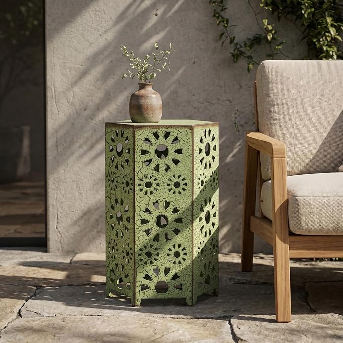 12" Green Outdoor Side Table, Metal Cutout Side Table, Patio Garden Stool | Coffee End Tables for Small Spaces, Living Room, Backyard, Poolside