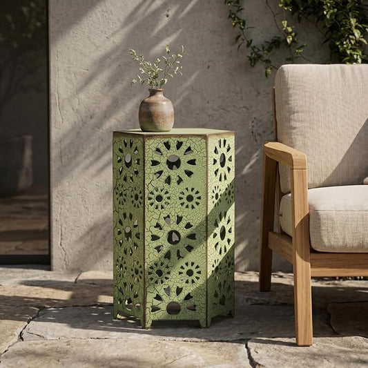 12" Green Outdoor Side Table, Metal Cutout Side Table, Patio Garden Stool | Coffee End Tables for Small Spaces, Living Room, Backyard, Poolside