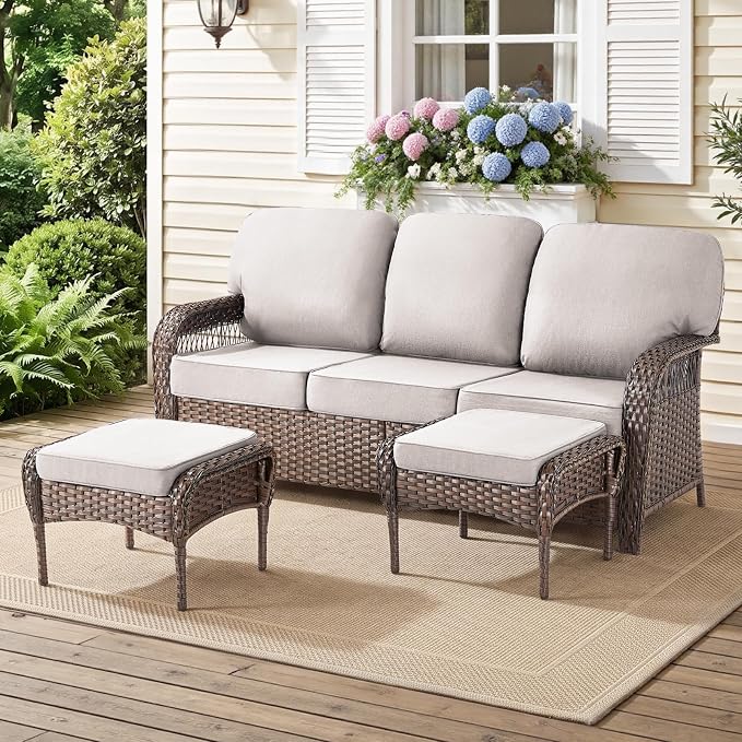 Patio Furniture Set, All Weather 3 PCS Wicker Outdoor Small Sectional Set, 5" Thick Rattan Conversation Set with 3-seat Sofa and Ottoman for Lawn, Garden, Beige/Brown Wicker
