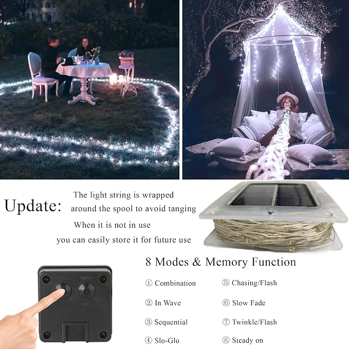 Joomer Solar Fairy Lights, 2-Pack Total 80FT 240LED String Lights, White | Silver Wire, Solar String Light Waterproof 8 Lighting Modes for Patio Fence Party Garden Yard Home Outdoor Decoration