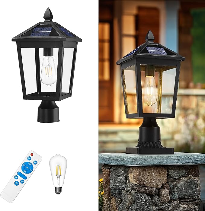 zeyu 17 Inch Solar Outdoor Post Light, Outdoor Lamp Post Light Fixture with Remote, Die-Cast Aluminum with Clear Glass Shade, Black Finish, ZYX115P-SL BK