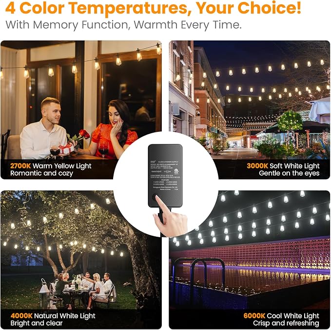 Kawaya Outdoor String Lights for Patio - ST38 Outside IP65 Waterproof Hanging Light with 2700k~6000k Dimmable - 100FT Led Edison Lights for Cafe Bistro Yard Gazebo Porch