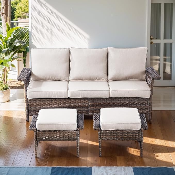 Patio Furniture Set Wicker Sofa with 2 PE Rattan Patio Ottomans Set Brown Wicker Beige Cushions Patio Conversation Set 3pcs for Patio Garden Balcony Sunroom Backyard Deck Poolside