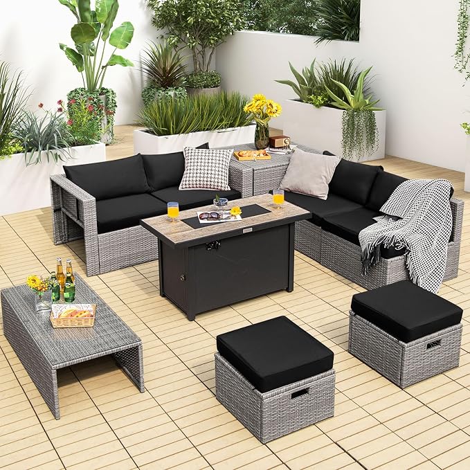 Tangkula 9 PCS Patio Furniture Set with 42” 60,000 BTU Fire Pit, Outdoor Space-Saving Sectional Sofa Set with Storage Box, Waterproof Covers Included (Black)