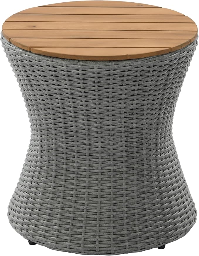 Christopher Knight Home Fenton 17.5" Outdoor Side Table, Round Patio End Table with Wood Top and Wicker Base, Small Outdoor Coffee Table for Balcony Garden Poolside, Accent Garden Stool, Grey+Natural