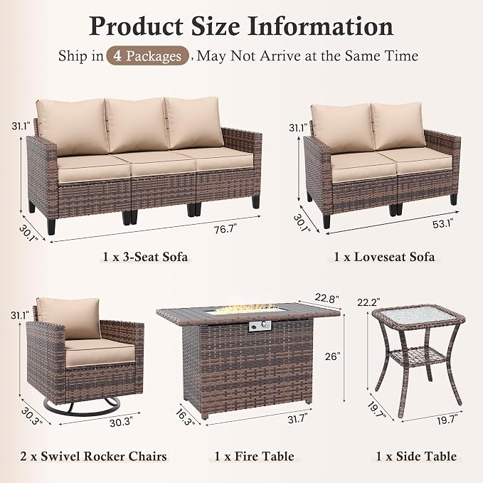 Amopatio Patio Furniture Set with Fire Pit Table, Wicker Outdoor Sectional Sofa with Swivel Rocker Chairs, All-Weather Rattan Conversation Set, Waterproof Cover for Backyard, Deck Brown/Khak 6 PCS