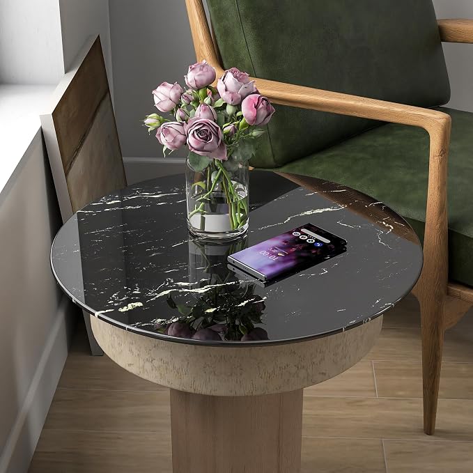 32" Round Tempered Glass Table Top, Marble Glass Surface Protector Heat & Scratch Resistant Multipurpose for Dining, Coffee, Restaurant, Office and End Table (Black Marble Pattern, 32 Inch)