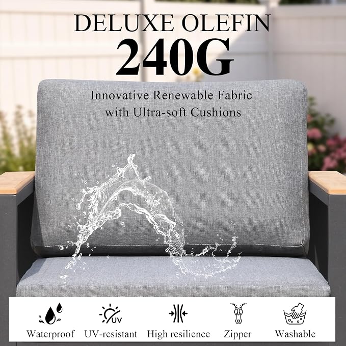 3-Piece Balcony Patio Furniture Set, Gray Aluminum Outdoor Chair Set with 2 Single Patio Chairs & Coffee Table, 1.5mm Thick Rustproof Frame, Waterproof Removable Cushions for Small Balcony Front Porch