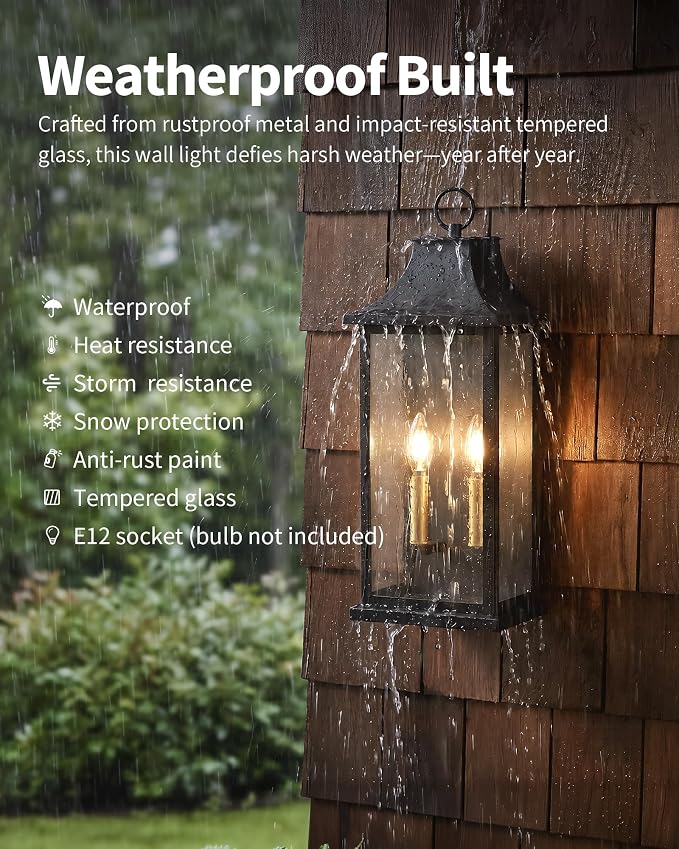 Patio Wall Light Fixtures, Black Waterproof Outdoor Wall Sconce 1pcs | Outdoor Wall Lights with Tempered Glass Shade, Outside Wall Lanterns for Patio, House, Garage, Front Door Entryway, H20.9"