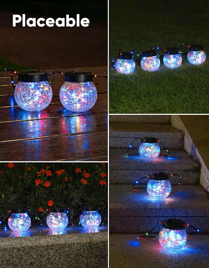 Solar Lights Outdoor Waterproof 12-Pack, Solar Powered Hanging Lantern Cracked Glass Hanging Globes for Yard Decor Christmas Decoration, Shepherd Hook, Garden Tree Ornaments, RGB