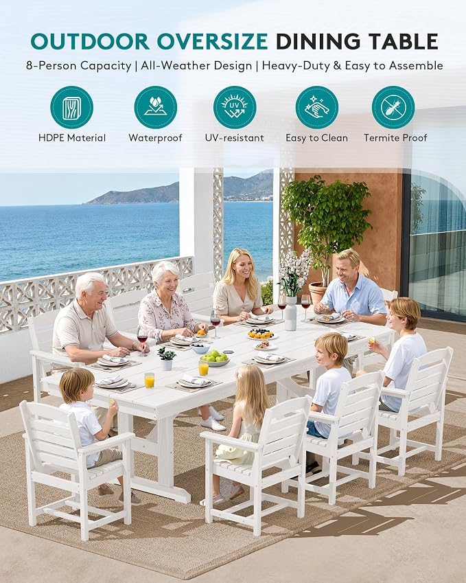 SERWALL 10 Piece Outdoor Dining Set with 15ft Triple-Head Foldable Umbrella(Based not Included), 84" HDPE Outdoor Table and Chairs for 8, White