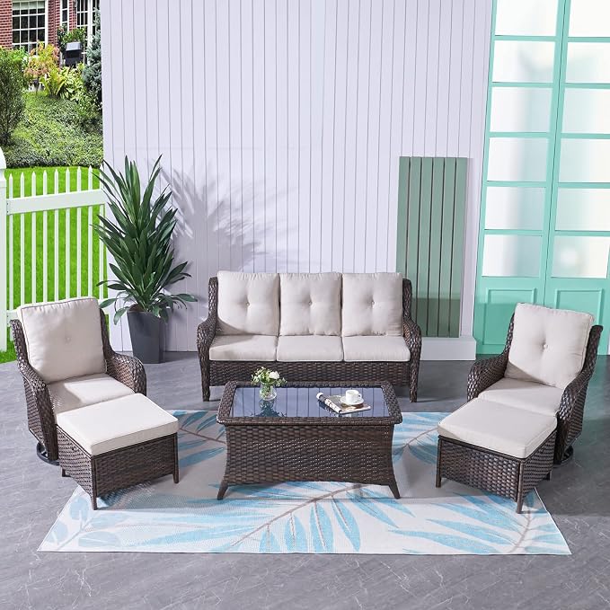 HUMMUH Patio Furniture 6 Pieces Outdoor Furniture Set Wicker Outdoor Sectional Sofa with Swivel Rocking Chairs,Patio Ottomans,Outdoor Coffee Table