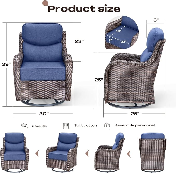 Rilyson Outdoor Swivel Rocker Chairs - All Weather Resistant Wicker Patio Furniture Set of 4 with High Back and 6 inch Thick Cushions for Deck Porch Yard and Poolside, Brown/Blue