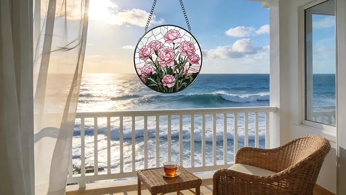 Stained Glass Window Hanging - Blooming Pink Peonies 6.3 Inches Suncatcher for Garden Home Decor for Women Mom Grandma Friends
