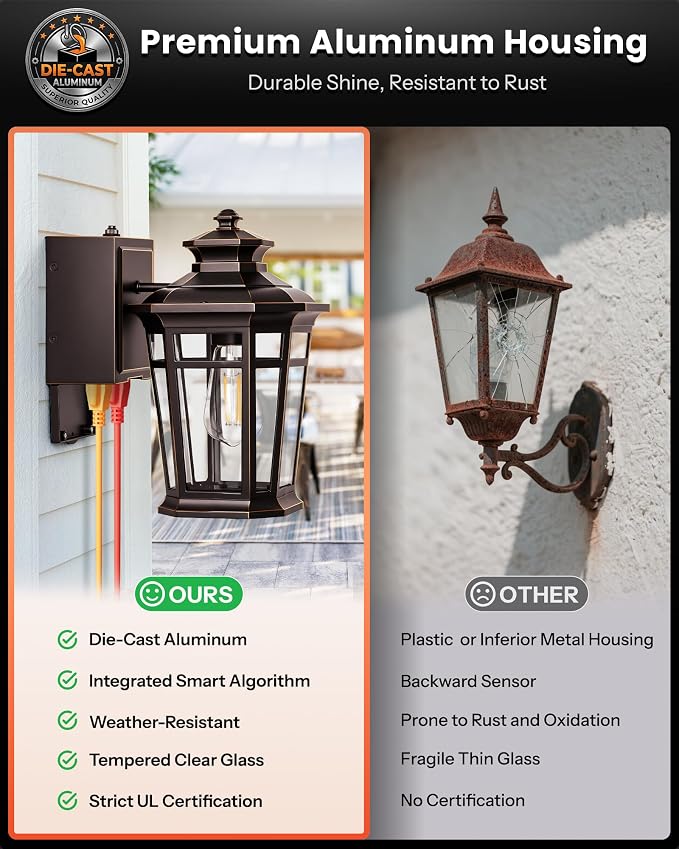 Gleamz Large Exterior Lighting Fixtures with GFCI Outlet, Oil Rubbed Bronze Dusk to Dawn Outdoor Lighting, Outdoor Porch Light for House, Garden, Doorway, Garage, Waterproof, Anti-Rust