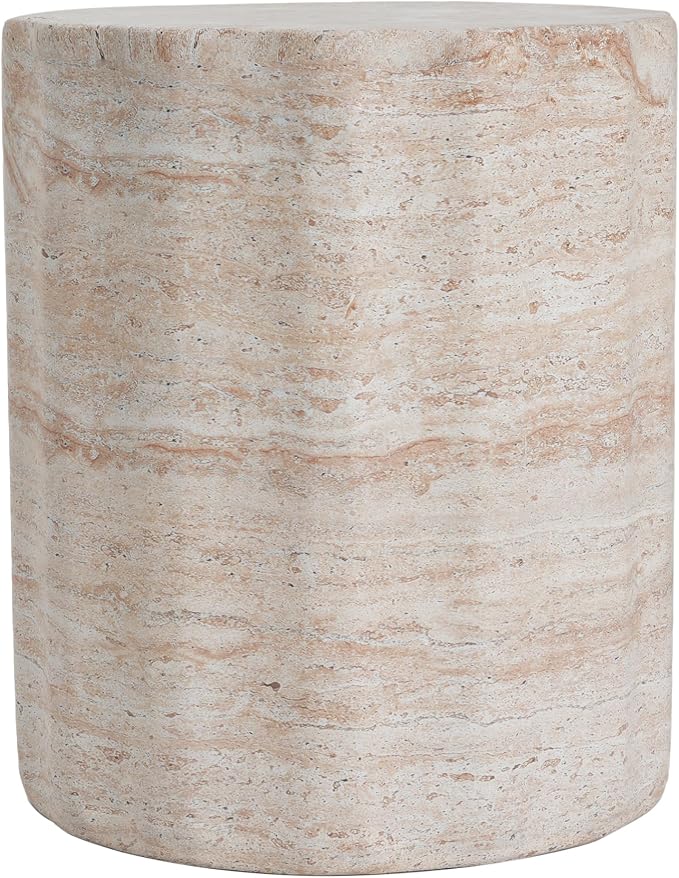 Christopher Knight Home Jaym 18.00" H Indoor Outdoor Accent Side Table, Patio Decorative End Table, Wave Cylinder Lightweight Concrete Garden Stool for Patio Balcony & Garden Decor, Travertine