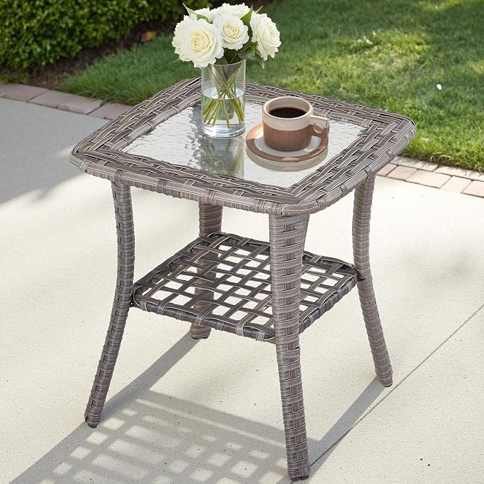 Outdoor Side Table with Storage Wicker Patio Side Table, Tempered Glass Top End Table for Balcony Porch Deck(Gray)